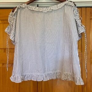 Madewell Laced Ruffled Shirt 100% Cotton Size Med Stripe White, Gray/Blue